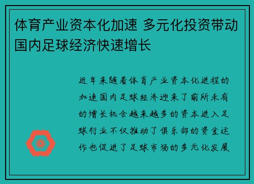 体育产业资本化加速 多元化投资带动国内足球经济快速增长